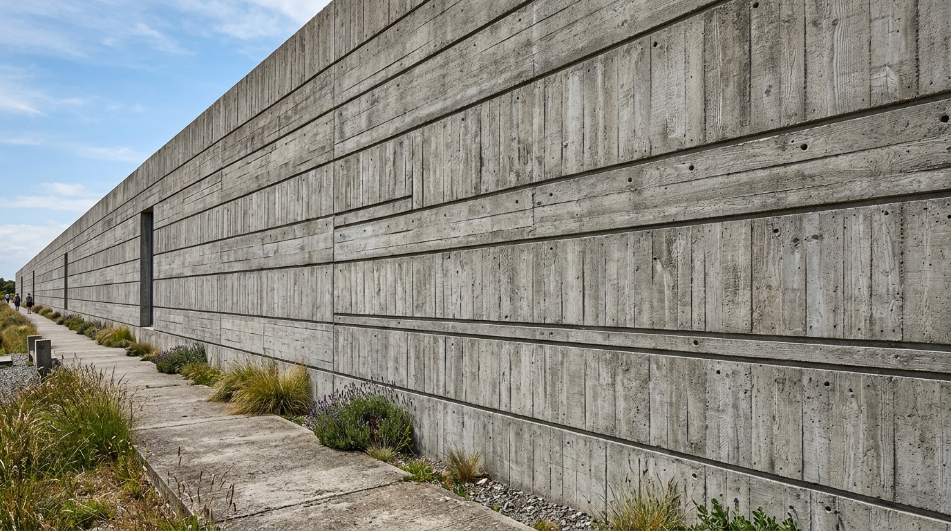 Board-marked concrete in raking afternoon light