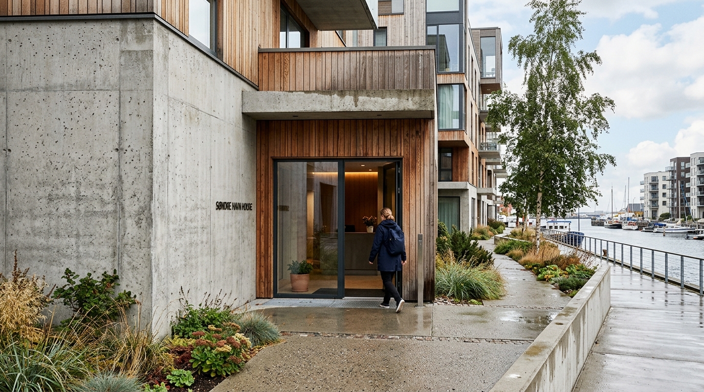 Concrete and timber residence with a deep recessed entrance
