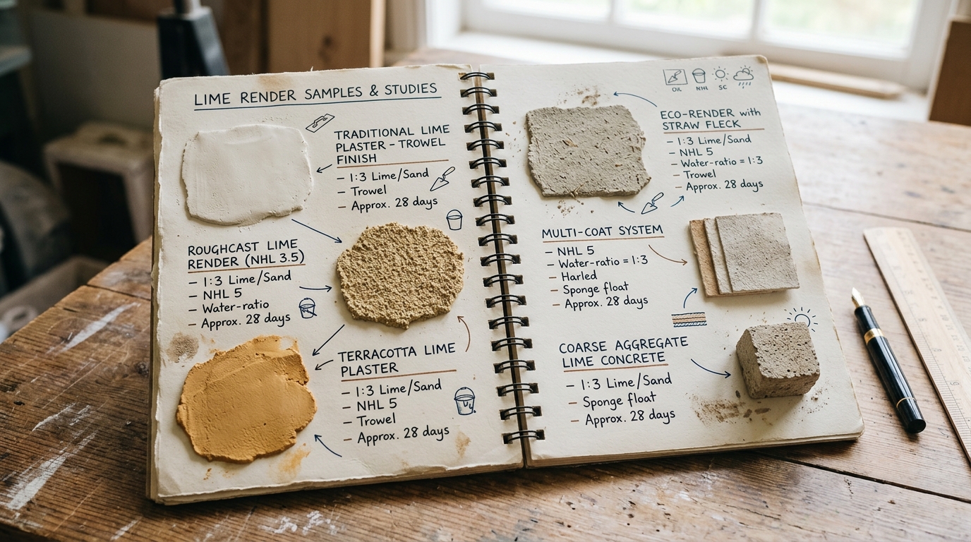 Lime render samples on a workshop bench