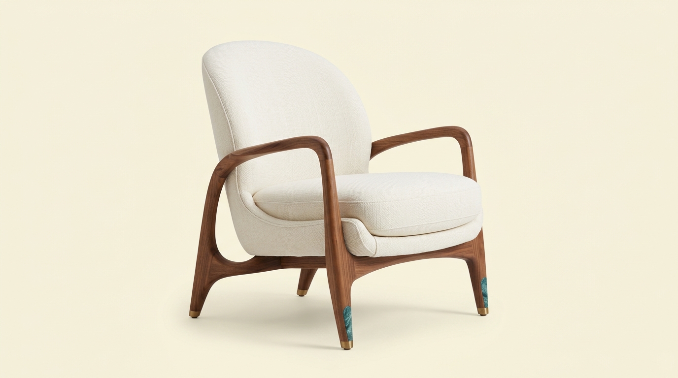 Lindholm lounge chair, walnut frame and natural bouclé
