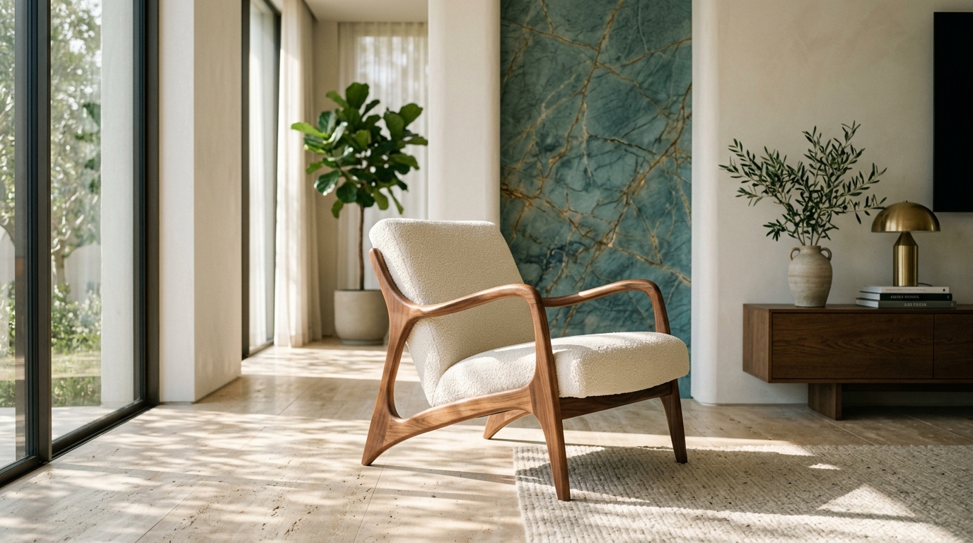 A walnut sideboard and lounge chair in a sunlit room with a green-marble panel