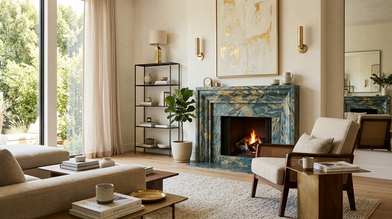A Norda lounge chair beside a gold-veined marble fireplace in a sunlit living room