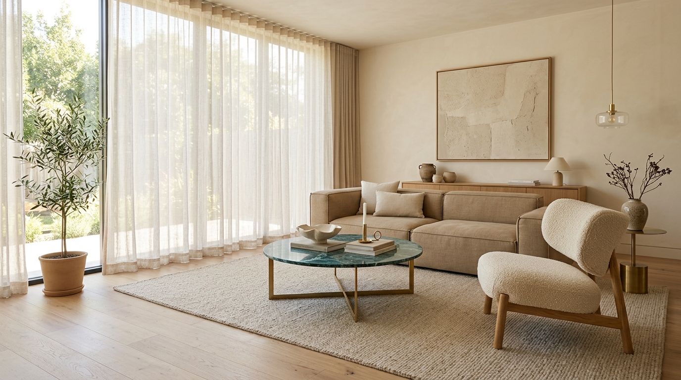 A calm living room with a Norda sofa, marble coffee table and bouclé chair at golden hour