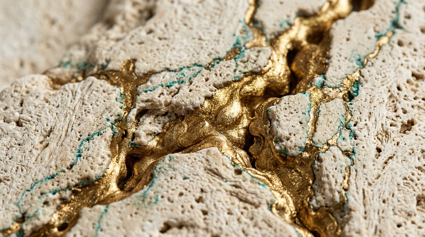 A worked surface veined with gold and verdigris, lit raking from the left