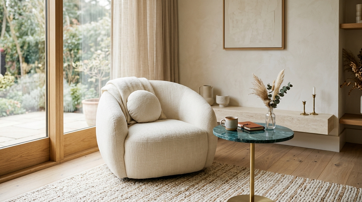 The Vale swivel chair in ivory bouclé beside a marble side table