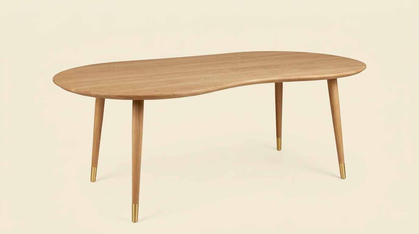 Oak coffee table with tapered legs and brass feet